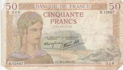 Frankreich 50 Francs Ceres - 29-02-1940 Serial B.12867