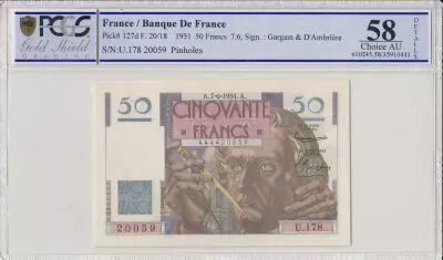 Frankreich 50 Francs Le Verrier - 1951 - PCGS AU 58