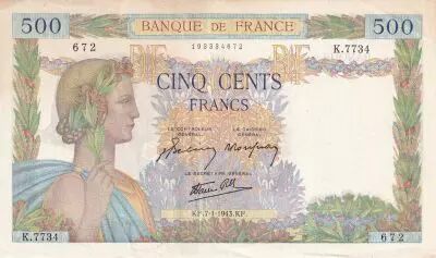 Frankreich 500 Francs - La Paix - 07-01-1943 - Serial K.7734 - P.95