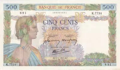 Frankreich 500 Francs - La Paix - 07-01-1943 - Serial K.7734 - P.95