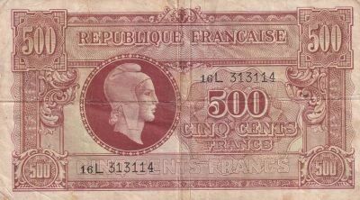 Frankreich 500 Francs - Marian - 1945 - Letter 16L