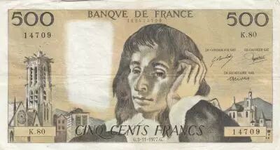 Frankreich 500 francs - Pascal - 03-11-1977 - Serial K.80