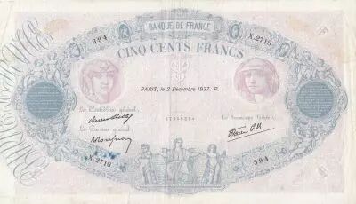 Frankreich 500 Francs - Pink and  blue - 02-12-1937 - Serial X.2718 - P.66
