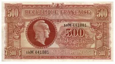 Frankreich 500 Francs Marianne - 1945 Letter M - Serial 19 M - VF