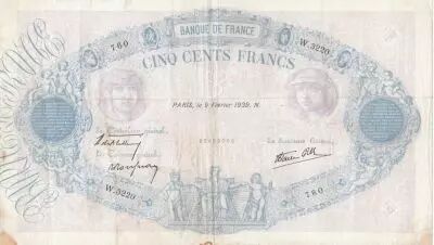 Frankreich 500 Francs Pink and Blue - 09-02-1939 Serial W.3220 - F to VF