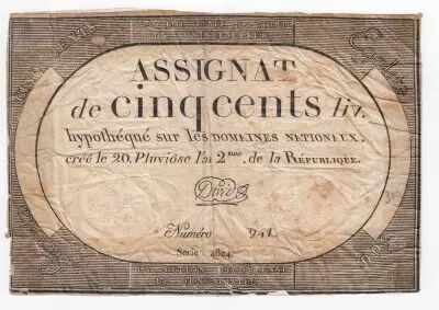 Frankreich 500 Livres 20 Pluviose An II (8.2.1794) - Sign. David