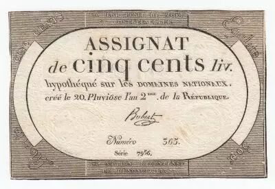 Frankreich 500 Livres 20 Pluviose An II (8.2.1794) - Sign. Hubert