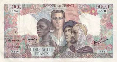 Frankreich 5000 Francs France and colonies - 07-06-1945 Serial J.680 - VF