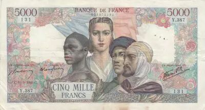 Frankreich 5000 Francs France and colonies - 15-03-1945 Serial Y.387 - VF - P.103