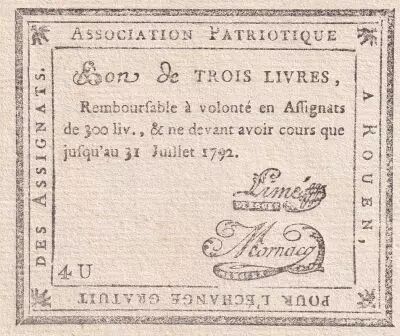 Frankreich Bon de trois livres - Seine Maritime - Association Patriotique - 1792