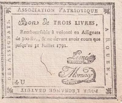 Frankreich Bon de trois livres - Seine Maritime - Association Patriotique - 1792