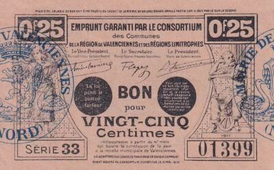 Frankreich Emergency Note 0.25 centimes - 1917 - Valenciennes - Series 33