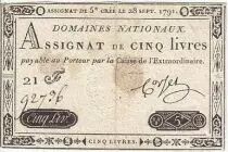 Frankreich Frankreich 5 Livres Embossed seal with Louis XVI (1791-09-28)