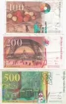 Frankreich Lot 3 Notes  : 100 Francs C&eacute;zanne - 200 Francs Eiffel - 500 Francs P M Curie - 1995 to 200 - VF