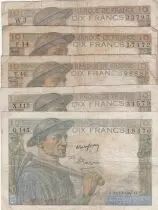 Frankreich Lot of 5 x10 Francs Miner - 1941 to 1947 - 5 issuing date - aF