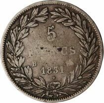 Frankreich Louis Philip I - 5 Silver Francs, Tiolier, Hollowed Edge - 1831  B Rouen