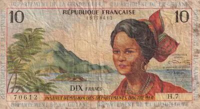 Franz�sischen Antillen 10 Francs - Girl, sugar cane - ND (1964) - Serial H.7 - P.8b