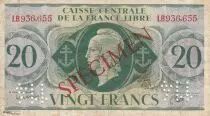 Franz�sisches �quatoriales Afrika 20 Francs Marian - France Libre - 1941 - Specimen LB936655