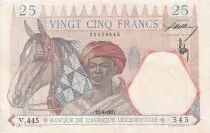 Franz&ouml;sisches Westafrika 25 Francs - Man and horse, Lion - Blue numerals - 1937 - Serial V.445 - VF+ - P.22