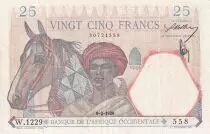 Franz&ouml;sisches Westafrika 25 Francs - Man and horse, Lion - Blue numerals - 1939 - Serial W.1229 - VF+ - P.22