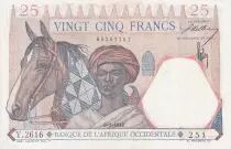 Franz�sisches Westafrika 25 Francs - Man and horse, Lion - Red numerals - 1942 - Serial  Y.2616 - VF+ - P.27