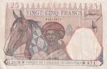 Franz&ouml;sisches Westafrika 25 Francs - Man and horse, Lion - Red numerals - 1942 - Serial G.2578 - VF - P.27
