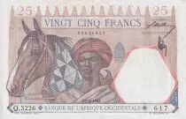 Franz�sisches Westafrika 25 Francs - Man and horse, Lion - Red numerals - 1942 - VF+ - P.27