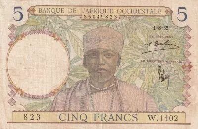 Franz�sisches Westafrika 5 Francs - Coffe tree - Man weaving - 01-08-1935 - Serial W.1402 - P.21