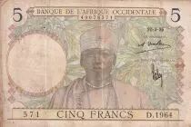Franz&ouml;sisches Westafrika 5 Francs - Coffe tree - Man weaving - 12-03-1936 - Serial D.1964 - P.21