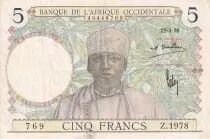 Franz�sisches Westafrika 5 Francs - Coffe tree - Man weaving - 12-03-1936 - SerialZ.1978 - VF+ - P.21