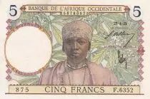 Franz&ouml;sisches Westafrika 5 Francs - Coffe tree - Man weaving - 27-04-1939 - S&eacute;rie C.6565  - P.21