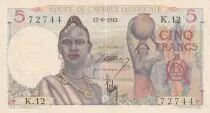 Franz&ouml;sisches Westafrika 5 Francs - Woman, boats on river - 17-08-1943 - Serial K.12