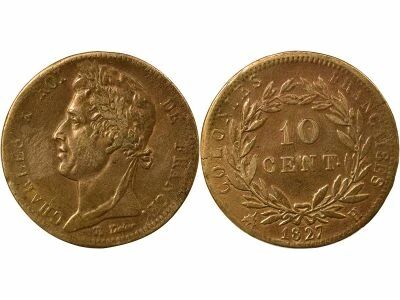 French Antilles, Charles X - 10 Centimes - 1827 H La Rochelle