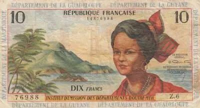 French Antilles 10 Francs Girl, sugar cane - 1964 - Serial Z.6 - F to VF - P.8b