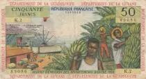 French Antilles 50 Francs Banana harvest - 1964 - Serial K.2 -F to VF - P.9 b