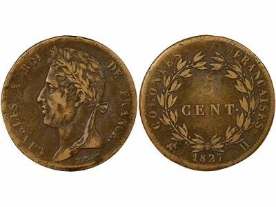 French Colonies Fr. Antilles, Charles X - 5 Centimes - 1827 H La Rochelle