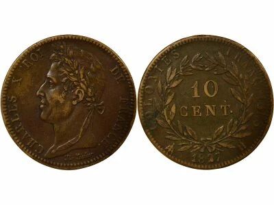 French Colonies Martinique & Guadeloupe, Charles X - 10 Centimes 1827 H La Rochelle