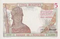French India 5 Rupees  - Specimen - ND (1945) - UNC - P.5 bs