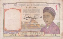 French Indo-China 1 Piastre - Woman - Temple - ND (1936) - Serial U.4949 - P.54b