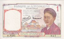 French Indo-China 1 Piastre - Woman - Temple - ND (1946) - Serial N.9281 - P.54c
