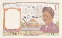 French Indo-China 1 Piastre - Woman - Temple - ND (1946) - Serial O.10839 - P.54c
