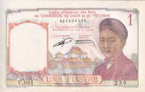 French Indo-China 1 Piastre - Woman - Temple - ND (1953) - Serial V.061 - P.92