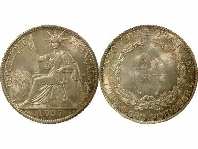French Indo-China 20 Silver Centiemes - 1937 Paris