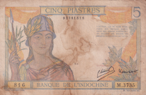 French Indo-China 5 Piastres -  Helmeted woman - ND (1946) - Serial M.3735