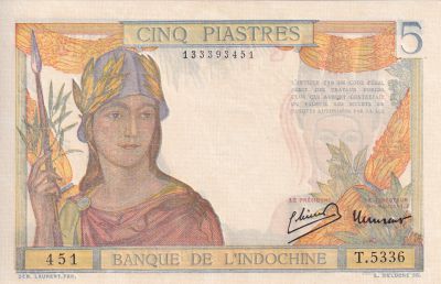 French Indo-China 5 Piastres - Warrior - ND (1949) - Serial T.5336 - P.55d