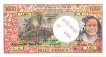French Pacific Territories 1000 Francs Tahitian woman - Hut - Specimen Jurgensen - 1985
