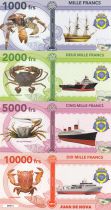 French Southern Territories Set of 4 banknotes Juan de Nova, shellfish, boats - 2018 - Fantaisy
