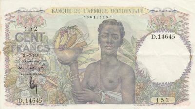 French West Africa 100 Francs - Woman carrying a bowl of fruit - 1952 - Series D.14645