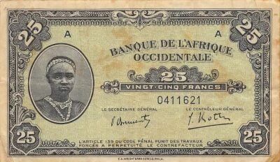 French West Africa 25 Francs - African Woman - 14-12-1942 - P.30