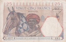 French West Africa 25 Francs - Man and horse, Lion - Red numerals - 01-10-1942 - Serial VZ.3577 - P.27